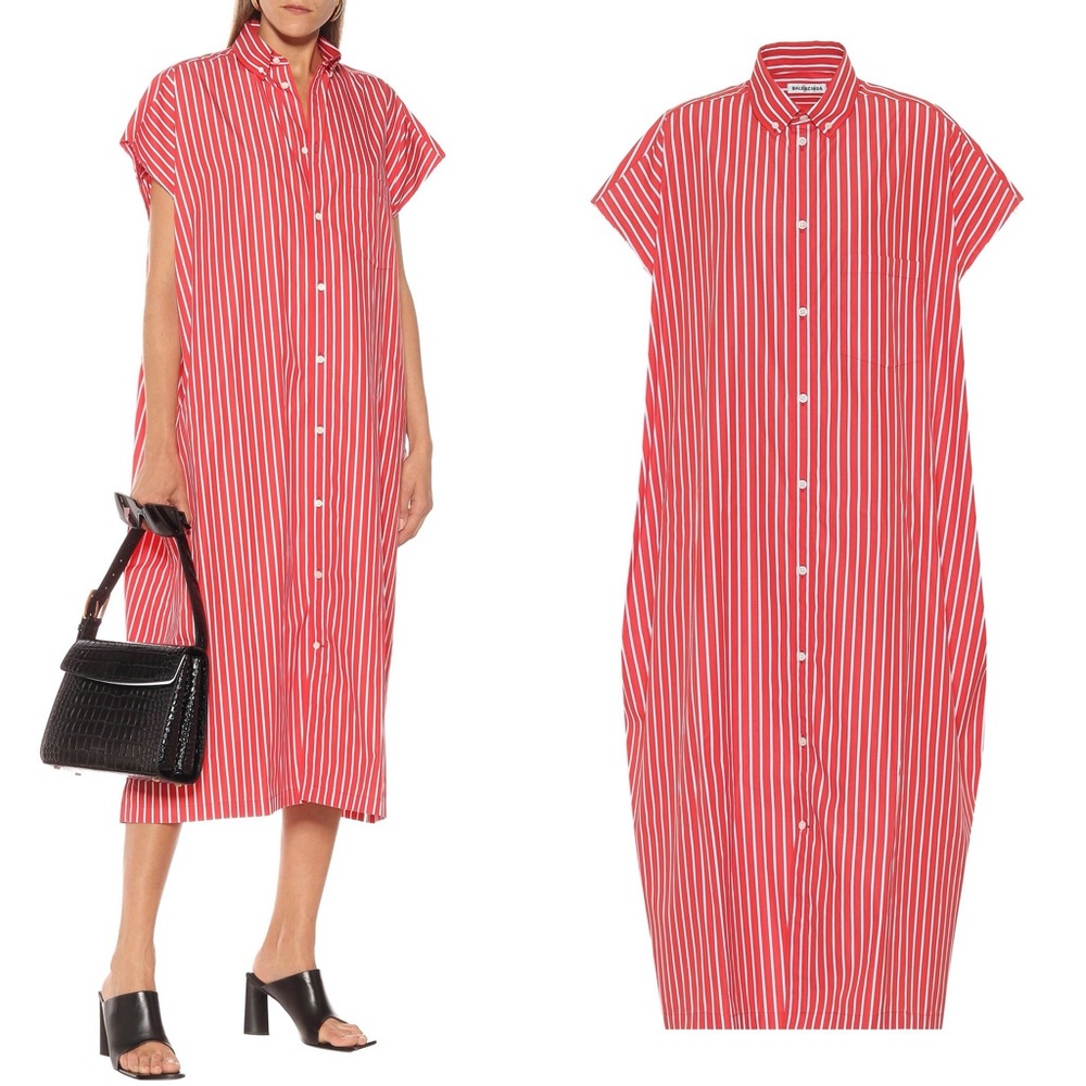 BALENCIAGA Rawcut Cotton Poplin Shirt Dress Red Stripe Size FR 32 XS